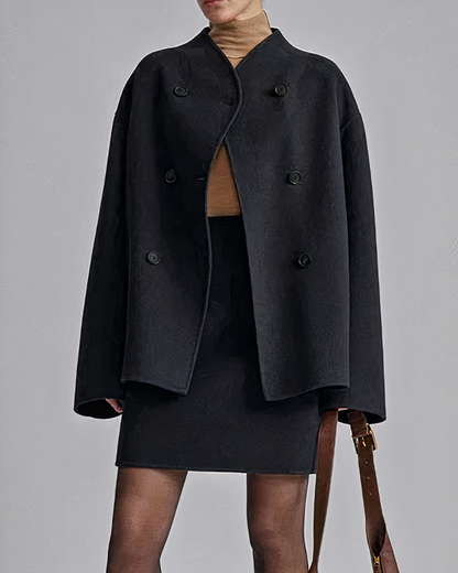 Women’s Short Coat – Double-Breasted Front with Stand Collar