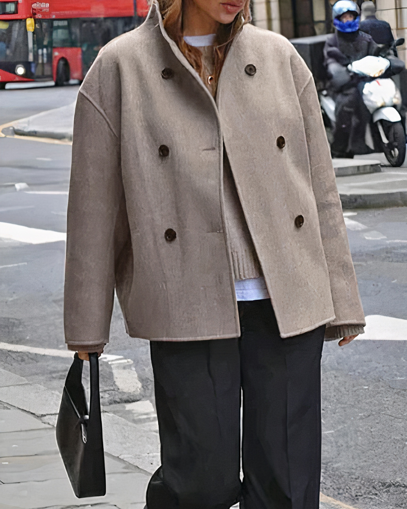Women’s Short Coat – Double-Breasted Front with Stand Collar