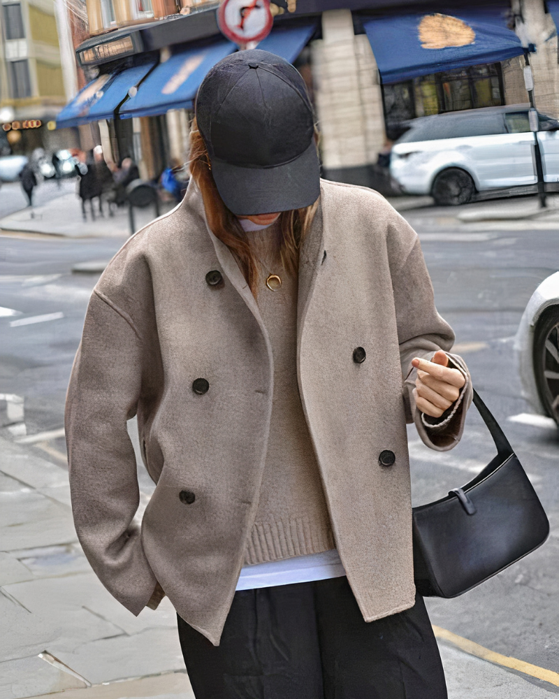 Women’s Short Coat – Double-Breasted Front with Stand Collar