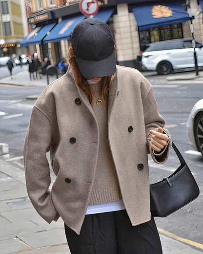 Women’s Short Coat – Double-Breasted Front with Stand Collar