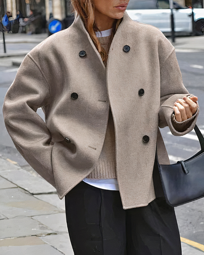 Women’s Short Coat – Double-Breasted Front with Stand Collar