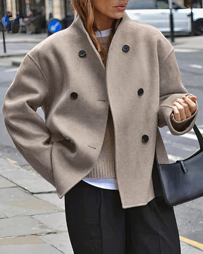 Women’s Short Coat – Double-Breasted Front with Stand Collar