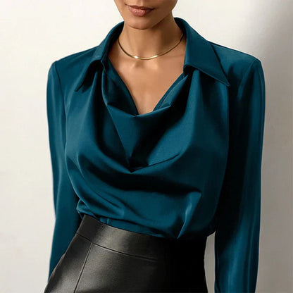 Women’s Elegant Satin Blouse – Shirt Collar with Draped Neckline