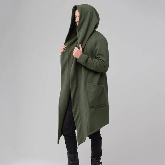 Men’s Oversized Hooded Trench Coat – Longline Draped Outerwear with Statement Lapels
