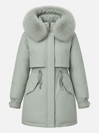 Women’s Faux-Fur Hooded Parka – Drawstring-Waist Winter Coat for Cold Weather