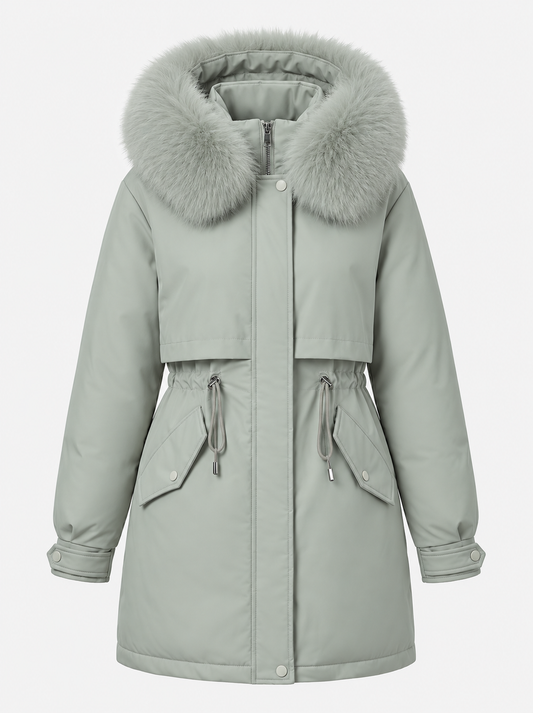 Women’s Faux-Fur Hooded Parka – Drawstring-Waist Winter Coat for Cold Weather