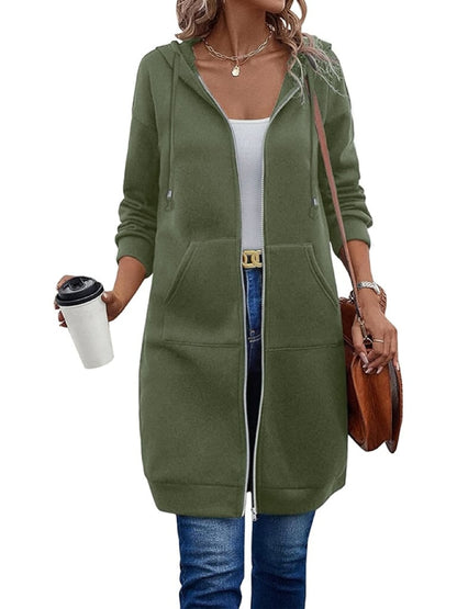 Women’s Longline Zip Hoodie – Knee-Length Brushed Hoodie with Drawcord