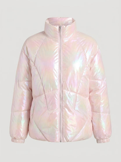 Women’s Iridescent Metallic Puffer Jacket – Lightweight Shimmer Winter Coat with Stand Collar
