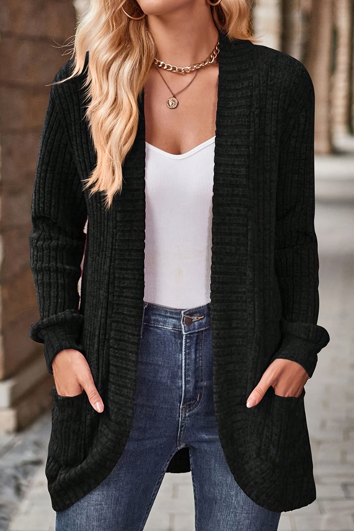 Women’s Long Cardigan – Open-Front Knitted Cardigan with Side Pockets