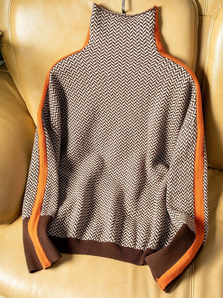 Women’s Oversized Roll-Neck Jumper – Contrast Stripe with Fold-Over Collar
