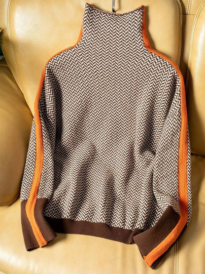 Women’s Oversized Roll-Neck Jumper – Contrast Stripe with Fold-Over Collar