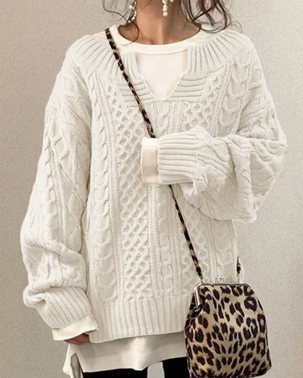 Women’s Oversized Jumper – Chunky Cable-Knit Jumper with V-Neck