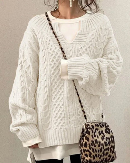 Women’s Oversized Jumper – Chunky Cable-Knit Jumper with V-Neck