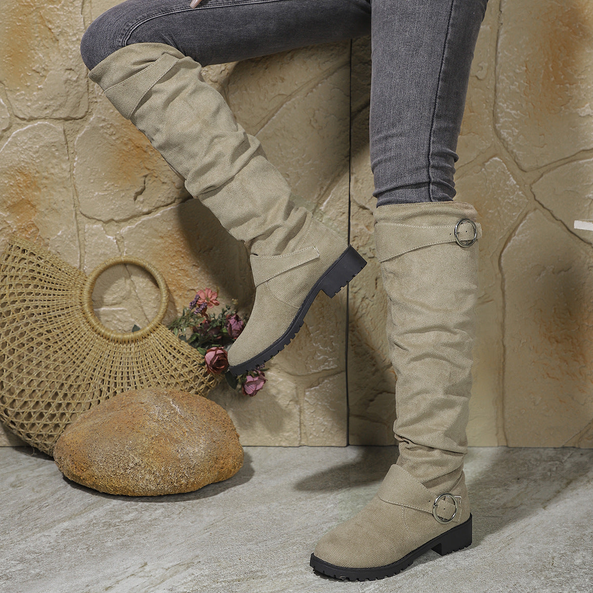 Women's Suede-Look Buckle Knee-High Boots