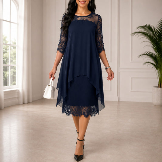 Women’s Chiffon Midi Dress – Layered Lace Evening Style for Celebrations and Events