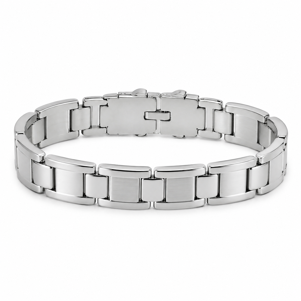 Men’s 15 mm double-buckle stainless steel bracelet on pure white
