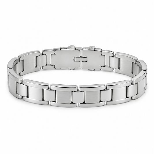 Men’s 15 mm double-buckle stainless steel bracelet on pure white