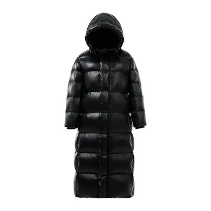 Women’s Longline Hooded Down Puffer Coat – Insulated Full-Length Winter Layer for Everyday Cold-Weather Protection