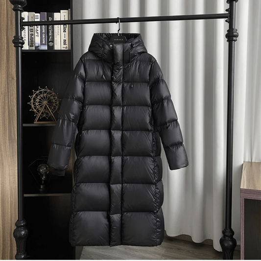 Women’s Longline Hooded Down Puffer Coat – Insulated Full-Length Winter Layer for Everyday Cold-Weather Protection