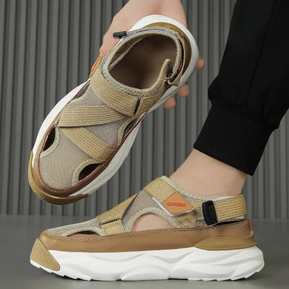 Men’s Closed-Toe Sport Sandals – Adjustable Cross-Strap Design with Mesh Panels and Chunky Sole