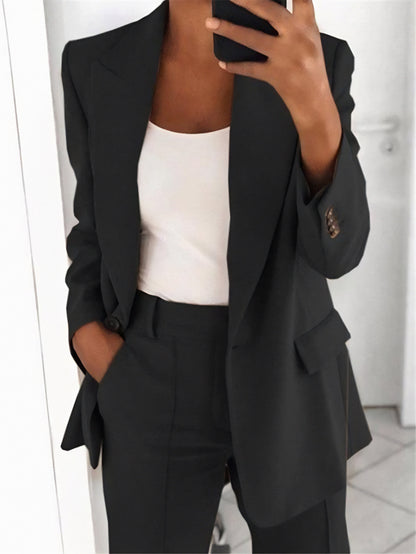 Women’s Two-Piece Set – Open Blazer with Wide Pleat-Front Trousers