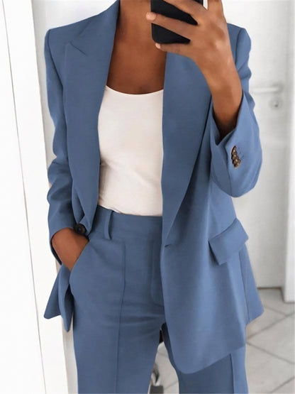 Women’s Two-Piece Set – Open Blazer with Wide Pleat-Front Trousers