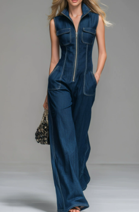 Women’s Sleeveless Denim Jumpsuit – Zip-Front Wide-Leg One-Piece for Everyday Wear