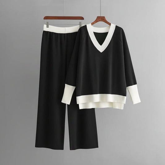 Women’s Contrast-Trim V-Neck Sweater and Wide-Leg Trouser Set – Relaxed Knit Outfit