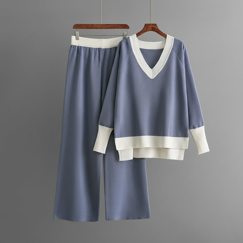 Women’s Contrast-Trim V-Neck Sweater and Wide-Leg Trouser Set – Relaxed Knit Outfit