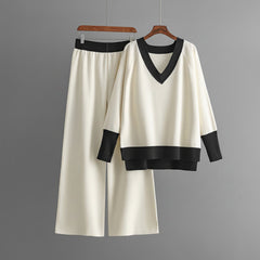 Women’s Contrast-Trim V-Neck Sweater and Wide-Leg Trouser Set – Relaxed Knit Outfit
