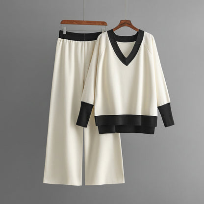 Women’s Contrast-Trim V-Neck Sweater and Wide-Leg Trouser Set – Relaxed Knit Outfit