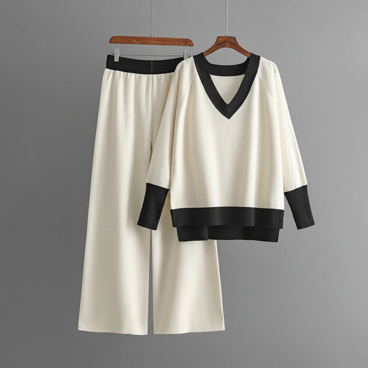 Women’s Contrast-Trim V-Neck Sweater and Wide-Leg Trouser Set – Relaxed Knit Outfit