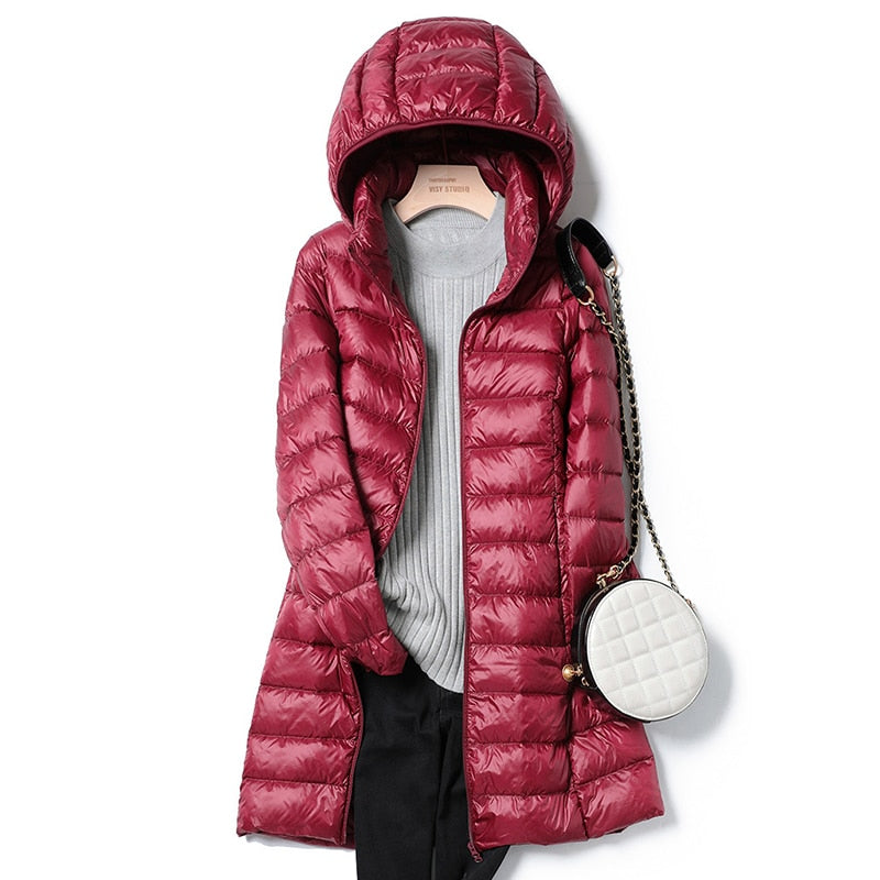 Women’s Longline Hooded Puffer Coat – Ultralight Quilted Winter Layer for Everyday Cold-Weather Wear