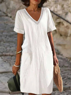 Women’s Relaxed V-Neck Summer Dress – Straight Short-Sleeve Style for Holidays and Everyday Wear