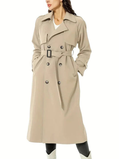 Women’s Double-Breasted Trench Coat – Belted Longline Coat with Wide Lapels for Smart Seasonal Layering