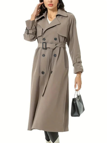Women’s Double-Breasted Trench Coat – Belted Longline Coat with Wide Lapels for Smart Seasonal Layering