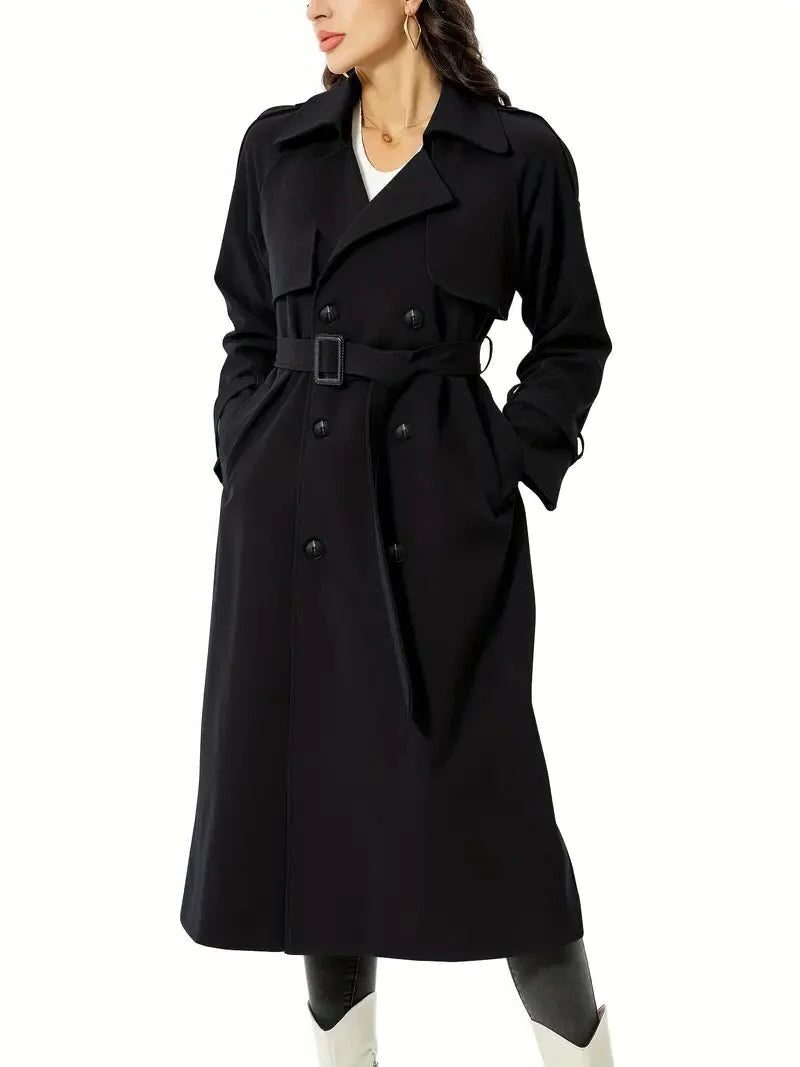 Women’s Double-Breasted Trench Coat – Belted Longline Coat with Wide Lapels for Smart Seasonal Layering