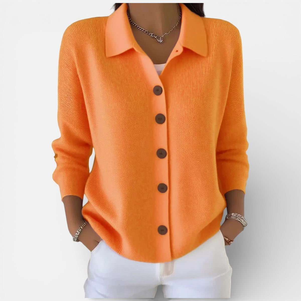 Women’s Knitted Blouse – Polo Collar Top with Full Button Placket