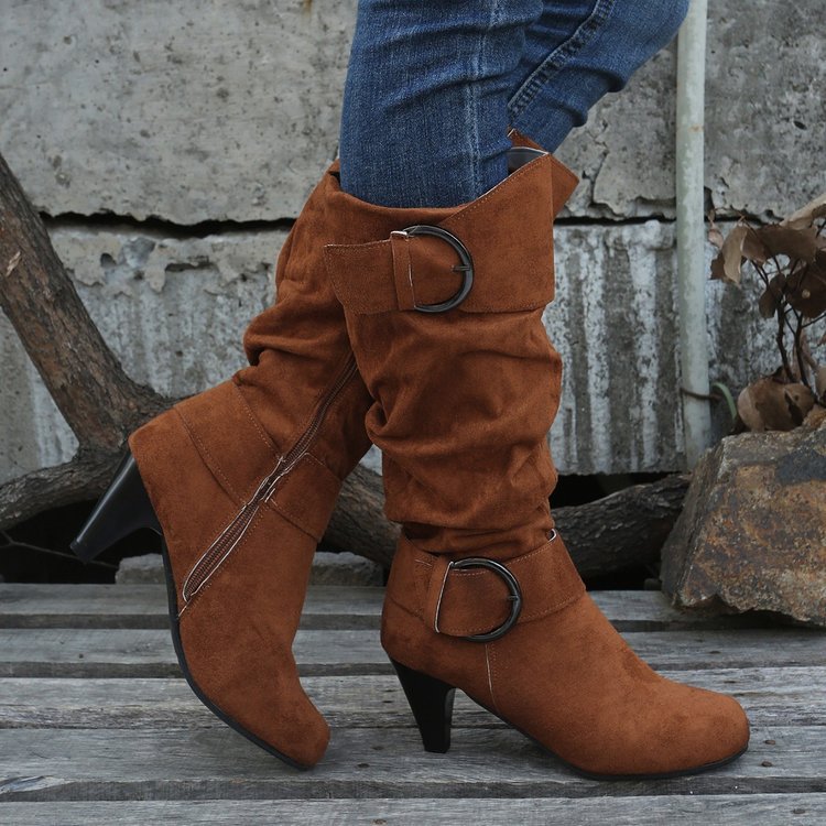 Women's Suede-Look Platform Buckle Knee-High Boots