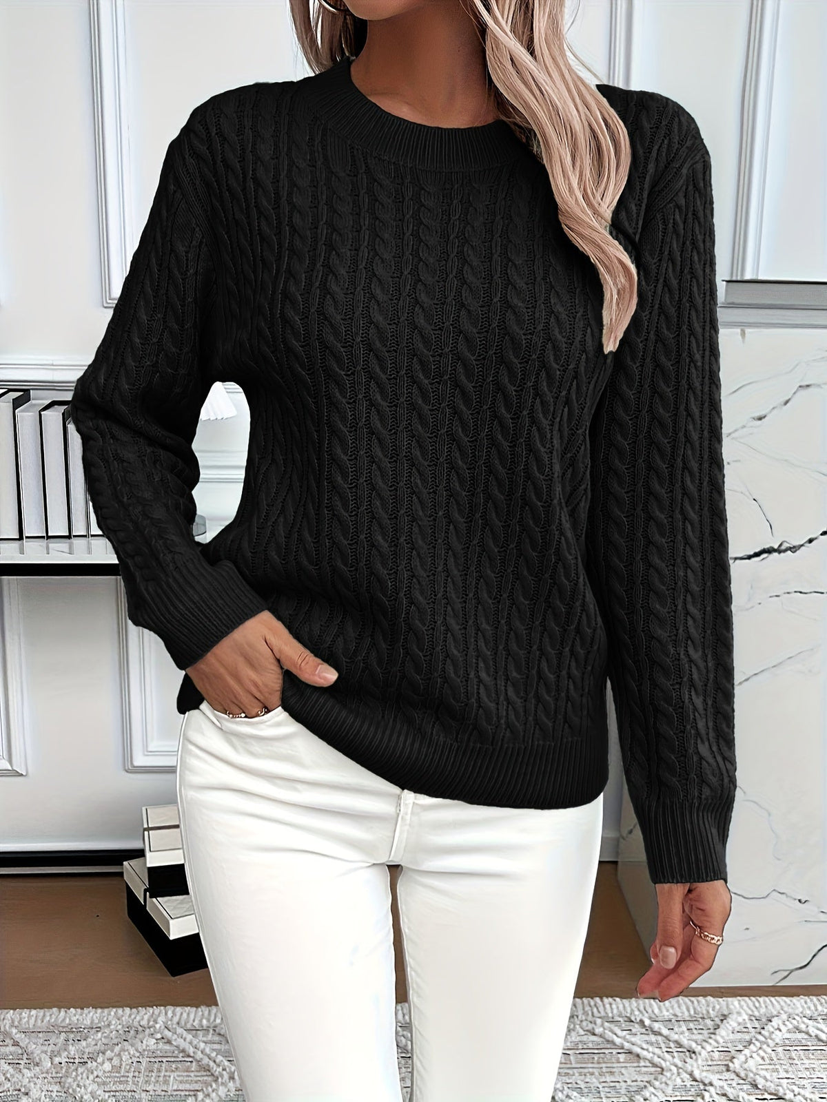 Women’s Knitted Jumper – Cable Pattern with Crew Neck