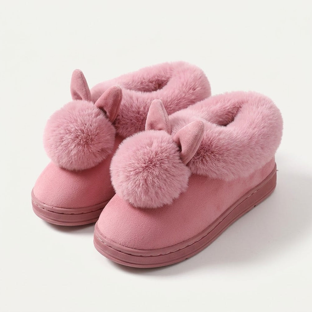 Women’s Plush Bunny Winter Slippers – Faux-Fur Slip-On House Shoes with Thick Sole