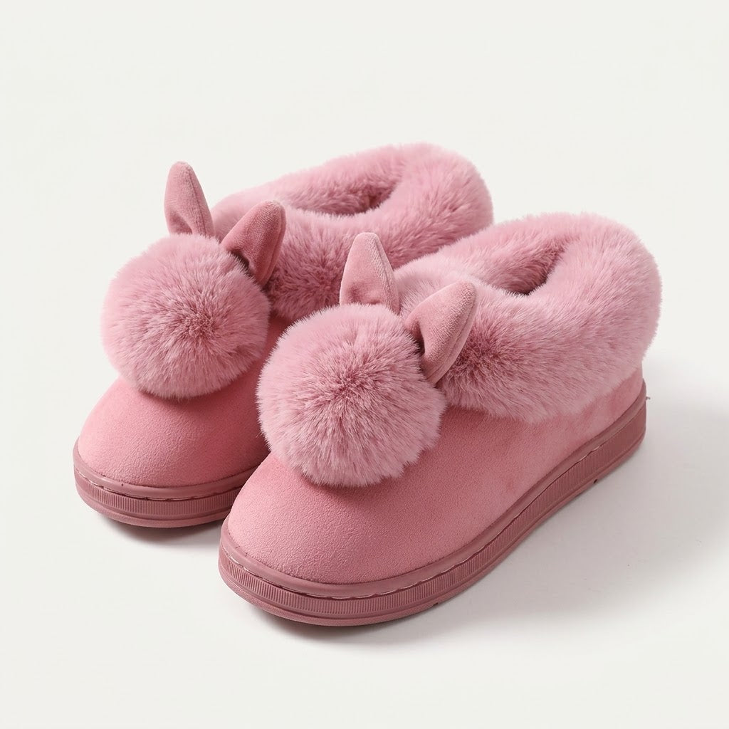 Women’s Plush Bunny Winter Slippers – Faux-Fur Slip-On House Shoes with Thick Sole