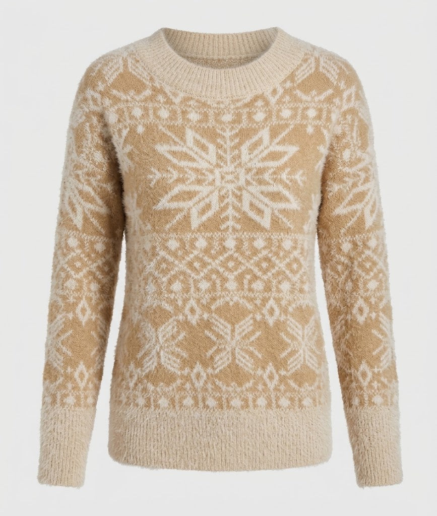 Women’s Nordic Snowflake Knit Sweater – Festive Crew-Neck Pullover for Winter Days
