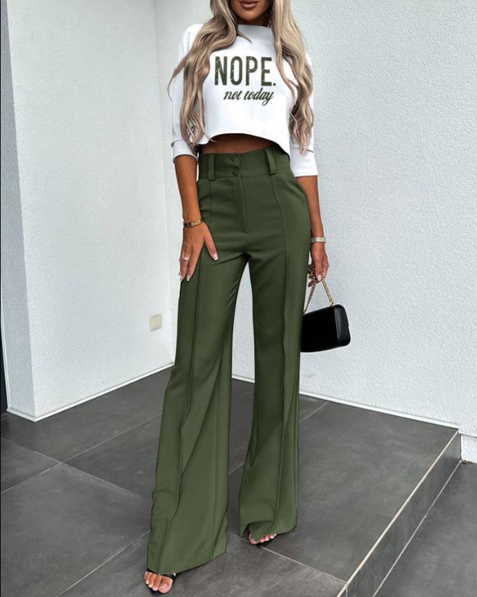 Women’s Cropped Three-Quarter Sleeve Trouser Set – High-Waist Wide-Leg Tailored Co-Ord for Smart Casual Wear