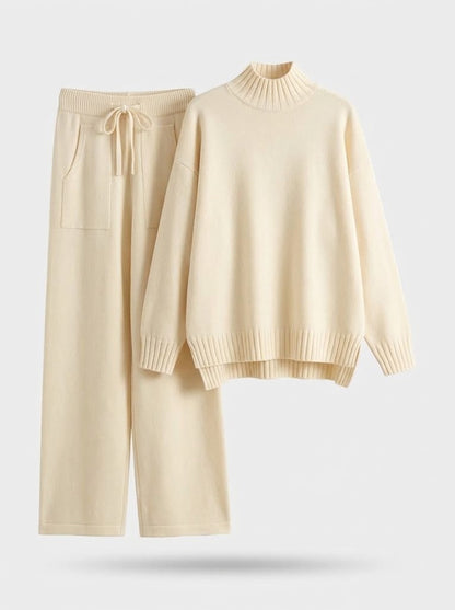 Women’s Mock-Neck Knit Co-Ord Set – Drawstring Wide-Leg Trousers for Autumn and Winter Leisurewear