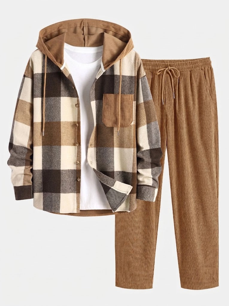 Men’s Hooded Flannel Shirt and Corduroy Trouser Set – Relaxed Autumn Casualwear