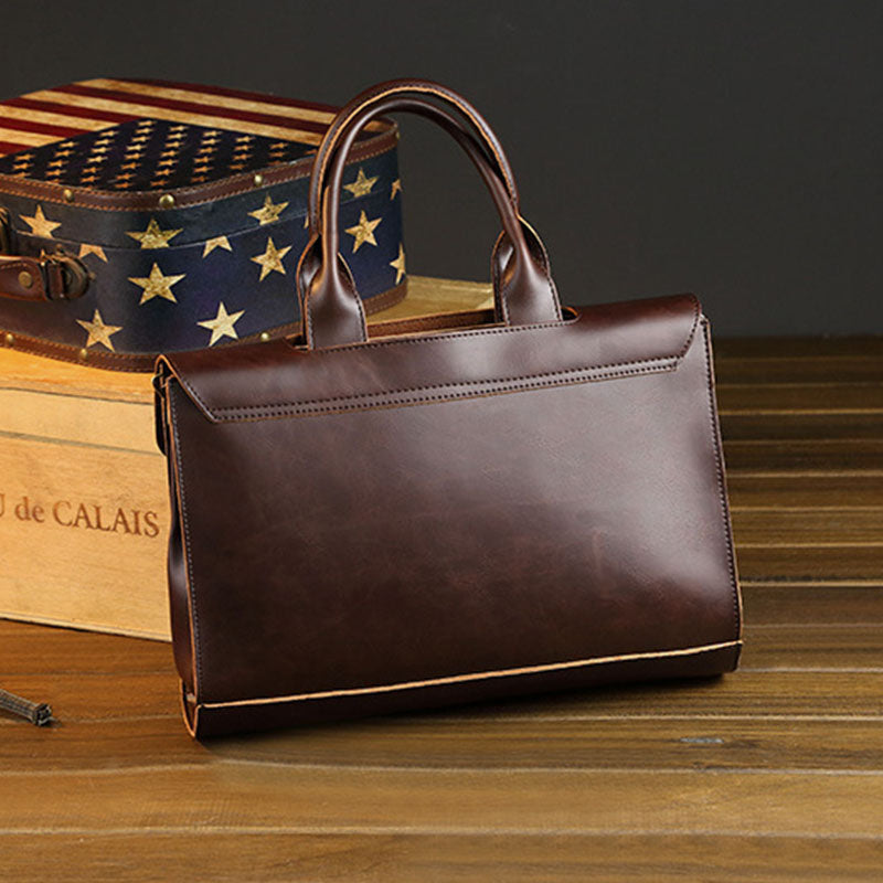 Men’s Vintage Faux-Leather Laptop Briefcase – Structured Business Messenger Bag with Top Handles and Shoulder Strap