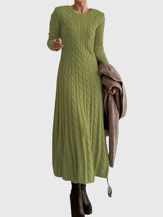Women’s Knitted Maxi Dress – Cable-Knit Dress with Flared Hem