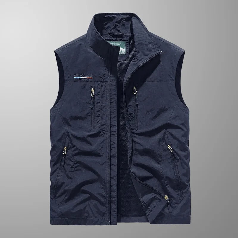 Men’s Cargo Gilet – Stand Collar with Six Zip Pockets and Mesh Back
