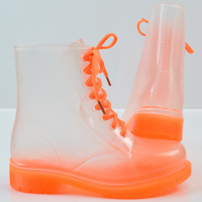 Women’s Transparent Lace-Up Rain Boots – Waterproof PVC Ankle Boots with Non-Slip Sole